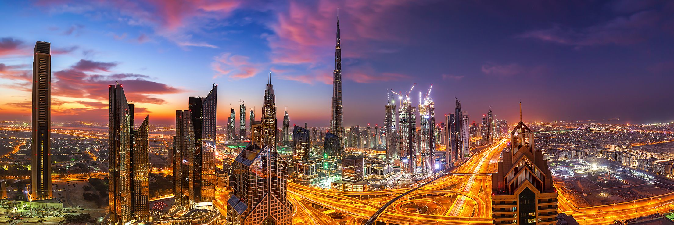 Evening skyline view with skyscrapers