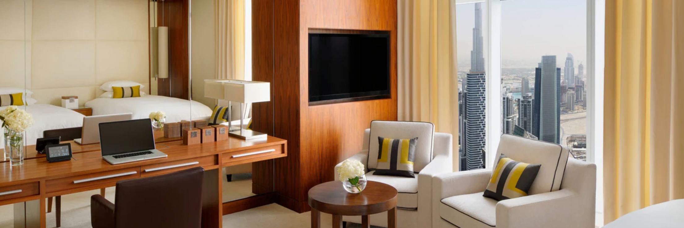 Full desk with television and seating 